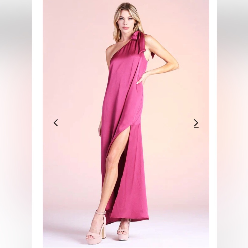 Tyche Magenta Pink One Shoulder Bow Tie Side Slit Satin Maxi Dress New